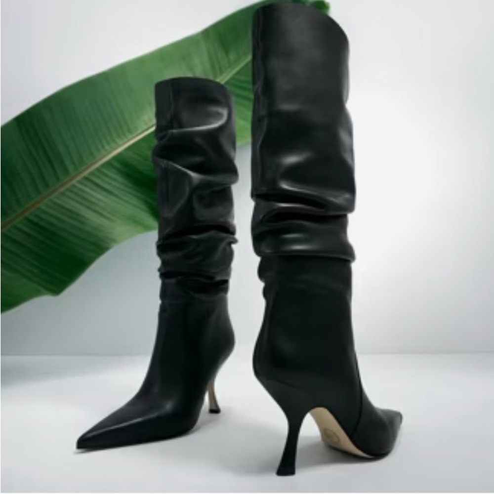 Women's Black Slouchy Knee-High Pointed Toe Boots